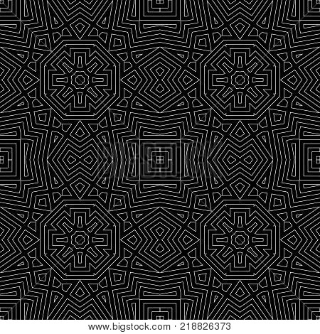 Thin lines. Black and white seamless patterned background. Vector illustration. Repeating abstract background with stylized flowers. Modern stylish texture.