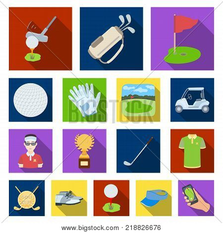 Golf and attributes flat icons in set collection for design.Golf Club and equipment vector symbol stock  illustration.