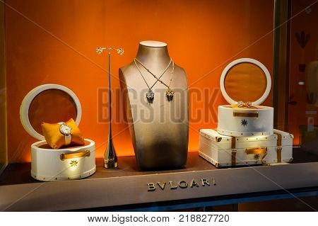 Milan, Italy - September 24, 2017:  Bulgari Store In Milan. Fashion Week Bvlgari Shopping