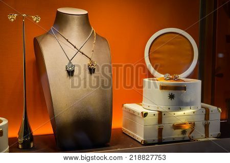 Milan, Italy - September 24, 2017:  Bulgari Store In Milan. Fashion Week Bvlgari Shopping