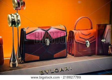 Milan, Italy - September 24, 2017:  Bulgari Store In Milan. Fashion Week Bvlgari Shopping