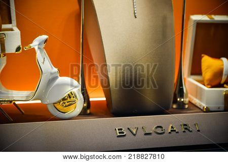 Milan, Italy - September 24, 2017:  Bulgari Store In Milan. Fashion Week Bvlgari Shopping
