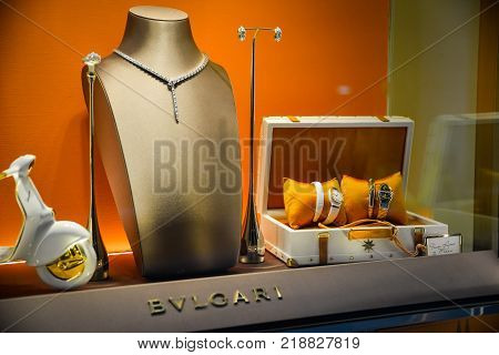 Milan, Italy - September 24, 2017:  Bulgari Store In Milan. Fashion Week Bvlgari Shopping