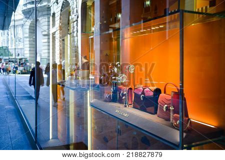 Milan, Italy - September 24, 2017:  Bulgari Store In Milan. Fashion Week Bvlgari Shopping