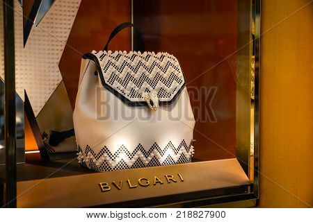 Milan, Italy - September 24, 2017:  Bulgari Store In Milan. Fashion Week Bvlgari Shopping