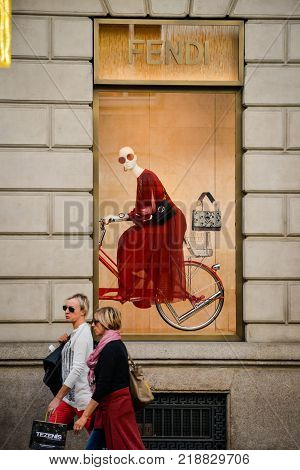 Milan, Italy - September 24, 2017:  Fendi Store In Milan. Fashion Week Fendi Shopping