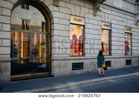 Milan, Italy - September 24, 2017:  Fendi Store In Milan. Fashion Week Fendi Shopping