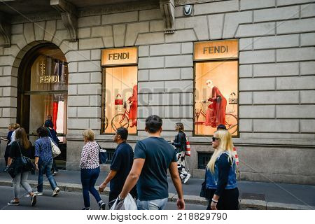 Milan, Italy - September 24, 2017:  Fendi Store In Milan. Fashion Week Fendi Shopping