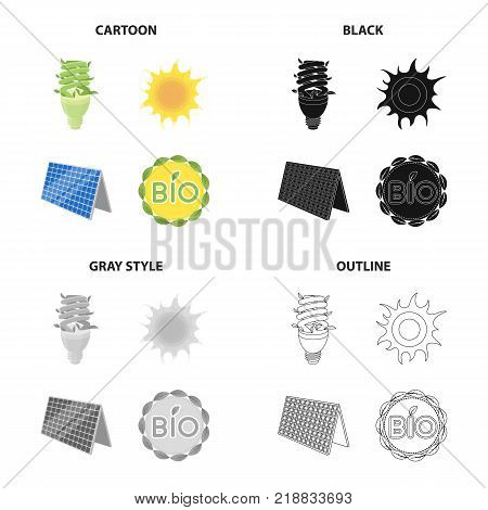 Economical light bulb, solar battery, sun, bio label. Ecology set collection icons in cartoon black monochrome outline style vector symbol stock illustration .