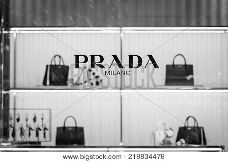 Milan Italy - September 24 2017: Prada store in Milan. Fashion week Prada shopping