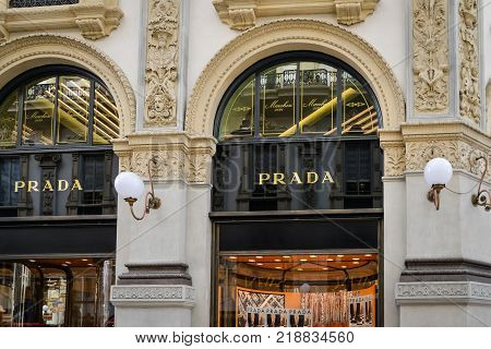 Milan Italy - September 24 2017: Prada Store In Milan. Fashion Week Prada Shopping