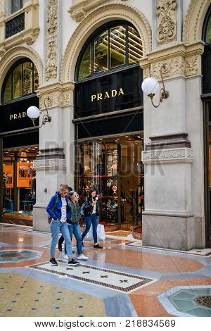 Milan Italy - September 24 2017: Prada Store In Milan. Fashion Week Prada Shopping