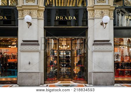 Milan Italy - September 24 2017: Prada Store In Milan. Fashion Week Prada Shopping