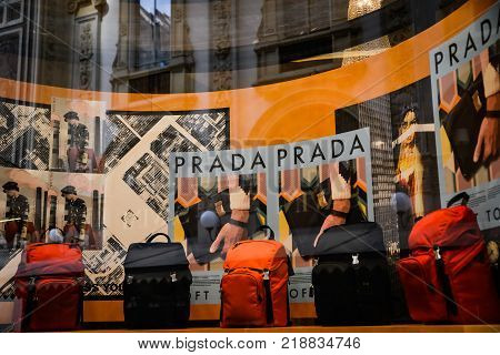 Milan Italy - September 24 2017: Prada Store In Milan. Fashion Week Prada Shopping