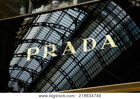Milan Italy - September 24 2017: Prada Store In Milan. Fashion Week Prada Shopping
