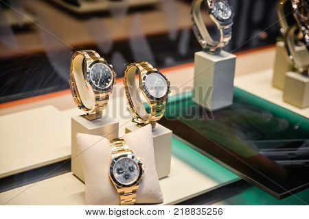 Milan, Italy - September 24, 2017:  Rolex Watches In A Store In Milan. Fashion Week Rolex Shopping