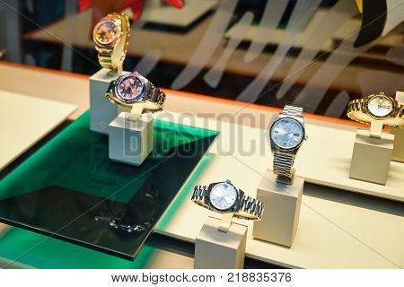 Milan Italy - September 24 2017: Rolex watches in a store in Milan. Fashion week Rolex shopping