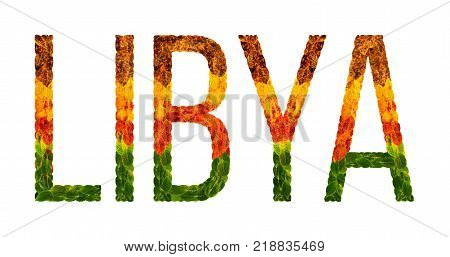 libya. word is written with leaves white isolated background, banner for printing. Beautiful inscription poster of color leaves libya
