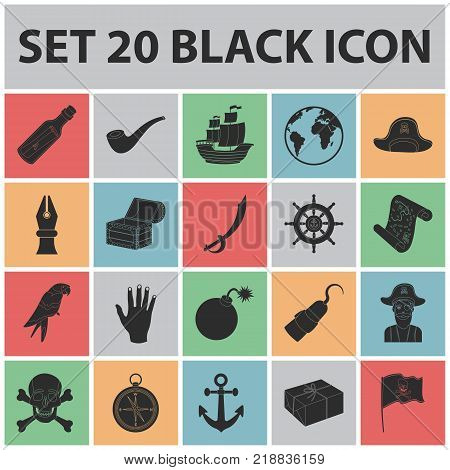 Pirate, sea robber black icons in set collection for design. Treasures, attributes vector symbol stock  illustration.
