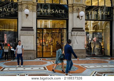 Milan, Italy - September 24, 2017:  Versace Store In Milan. Fashion Week Versace Shopping