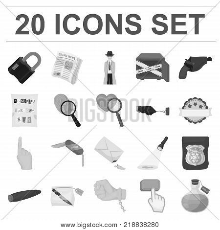Detective agency monochrome icons in set collection for design. Crime and investigation vector symbol stock  illustration.