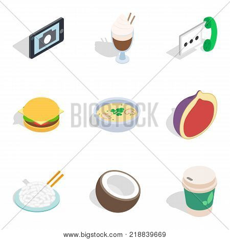 Hearty breakfast icons set. Isometric set of 9 hearty breakfast vector icons for web isolated on white background