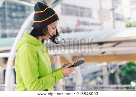 Portrait beautiful young girl russian enjoying smell traval in winter bangkok city thailand