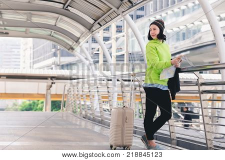 Portrait beautiful young girl russian enjoying smell traval in winter bangkok city thailand
