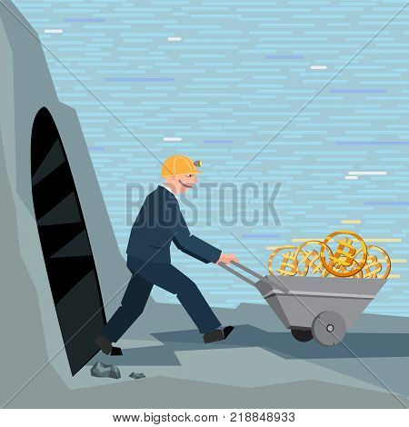 modern style business illustration, happy miner with wheelbarrow full of bitcoins