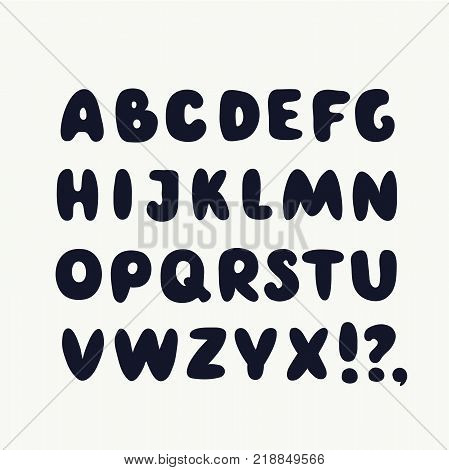 Vector cartoon cute alphabet set. Creative uppercase black letters isolated on black background. Bold font.