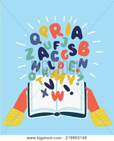 Vector cartoon illustration of hands holding books. The letters arround. Colorful modern concept.