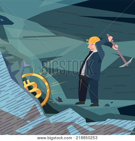 modern style business illustration, bitcoins and mining, man working hard
