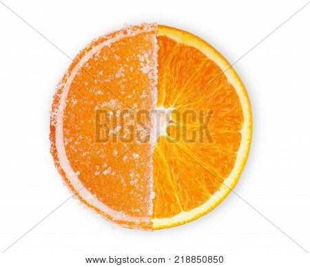 Slice of fresh orange isolated on white background Jelly candies citrus in form lobules isolated on a white background