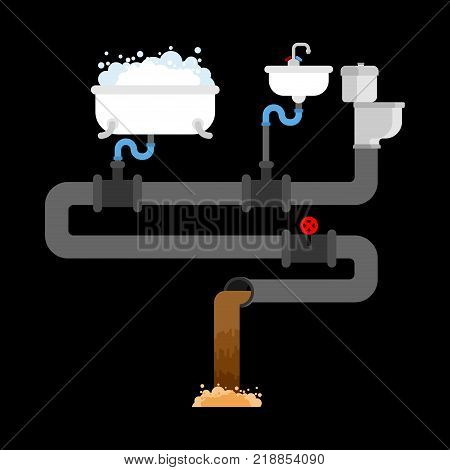 Sewer system in house. Pipes and valves. Sink and toilet bowl. Bath. Sewerage scheme