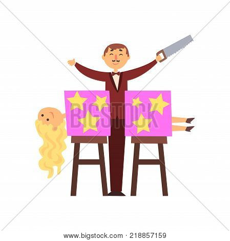 Magician sawed assistant body into two halves. Trick with magic box. Cartoon man character in elegant suit with saw in hand. Curly-haired blond woman. Flat vector illustration isolated on white.