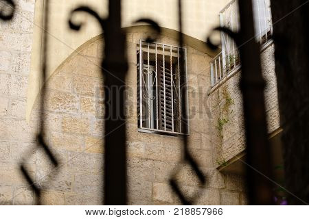 The latticed windows on the houses in Jewish Quarter Old City of Jerusalem.