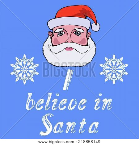 Santa Head Icon Typography Design on Blue Background. Vintage Winter Christmas Poster, Banner, Logo or Label with Lettering