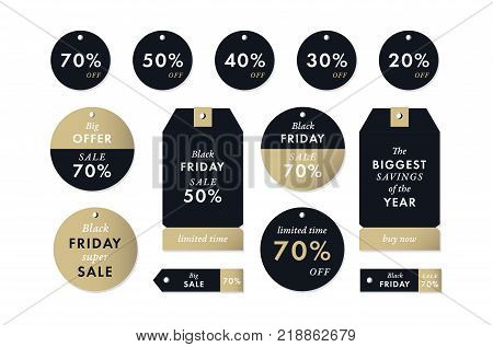 Black friday price golden stickers and tags. Vector Winter holiday season marketing sale campaign visuals