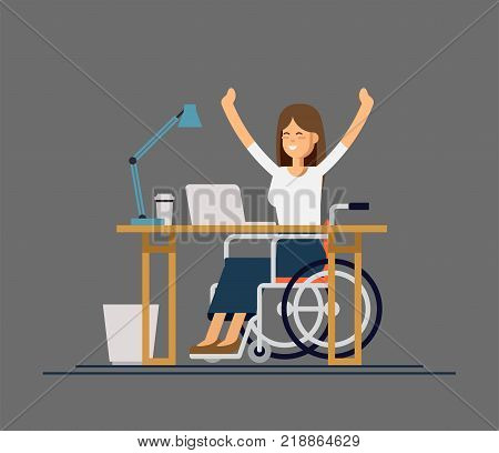 Disabled young woman in wheelchair working with computer in office. appy woman. Physical disability and society. Vector flat style cartoon illustration