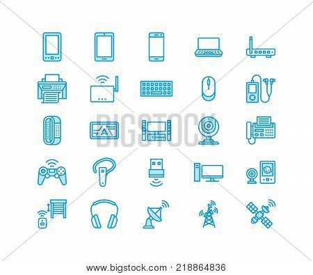 Wireless devices flat line icons. Wifi internet connection technology signs. Router, computer, smartphone, tablet, laptop, satellite. Vector linear illustration electronic store. Pixel perfect 64x64.