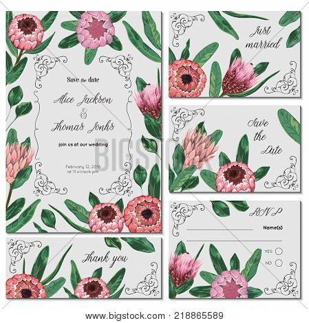 Save the date card with protea flowers and leaves. Holiday floral design for wedding invitation. Vintage hand drawn vector illustration in watercolor style