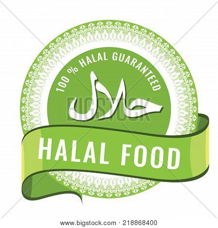 Halal sign symbol design. Halal certificate tag with geometric ornament circle design and shiny green ribbon. Illustrated vector.