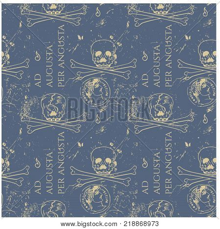 Ad augusta per angusta to rise to a high position overcoming hardships - in latin language for web, textile and print. Vintage historic look.