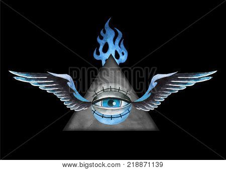 Watercolor winged all-seeing eye with black falming triangle on background. Hand painted art for old school tattoo design