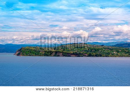 Strunjan in Slovenia popular tourist travel destination at Slovenian coastline at Adriatic sea