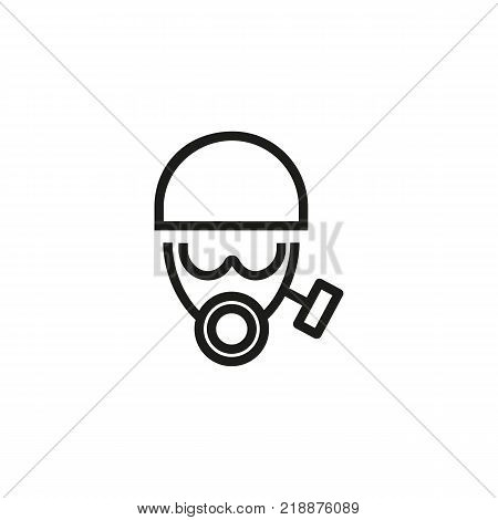 Line icon of face in gas mask and helmet. Protective workwear, chemical protection, firefighter uniform. Protection concept. Can be used for topics like fire safety, environmental disaster, terrorism