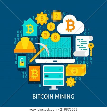 Bitcoin Mining Flat Concept. Poster Design Vector Illustration. Set of Cryptocurrency Objects.
