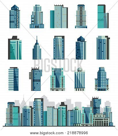 Building skyscraper or city skyline vector set cityscape with business officebuilding of commercial company and build architecture to high sky illustration isolated on white background.