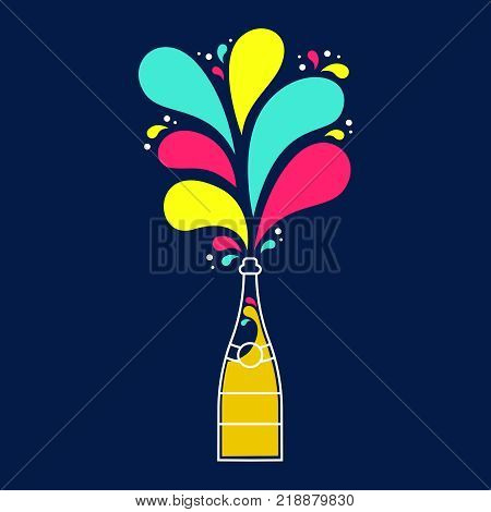 Champgne bottle illustration with colorful splash explosion modern outline style party drink on isolated background. EPS10 vector.