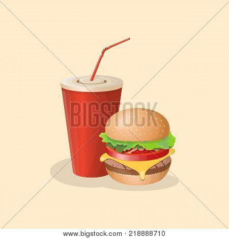 Burger and soda cup - cute cartoon colored picture. Graphic design elements for menu, poster, brochure. Vector illustration of fast food for bistro, snackbar, cafe or restaurant